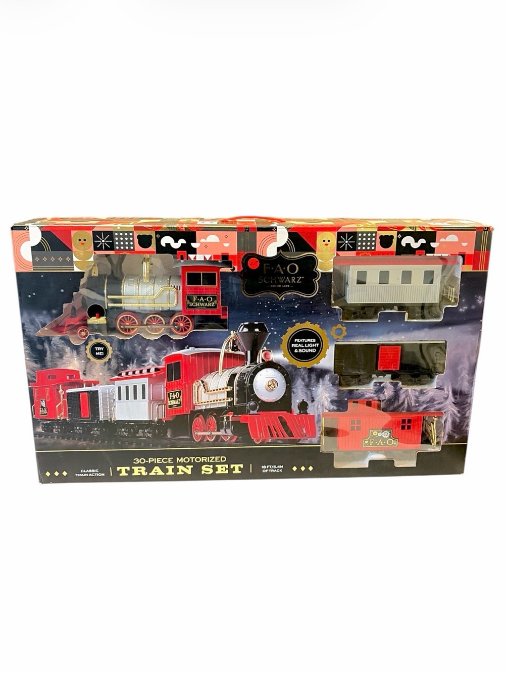 FAO Schwarz Red & Gold Motorized Train Set Classic Christmas Train With Sound